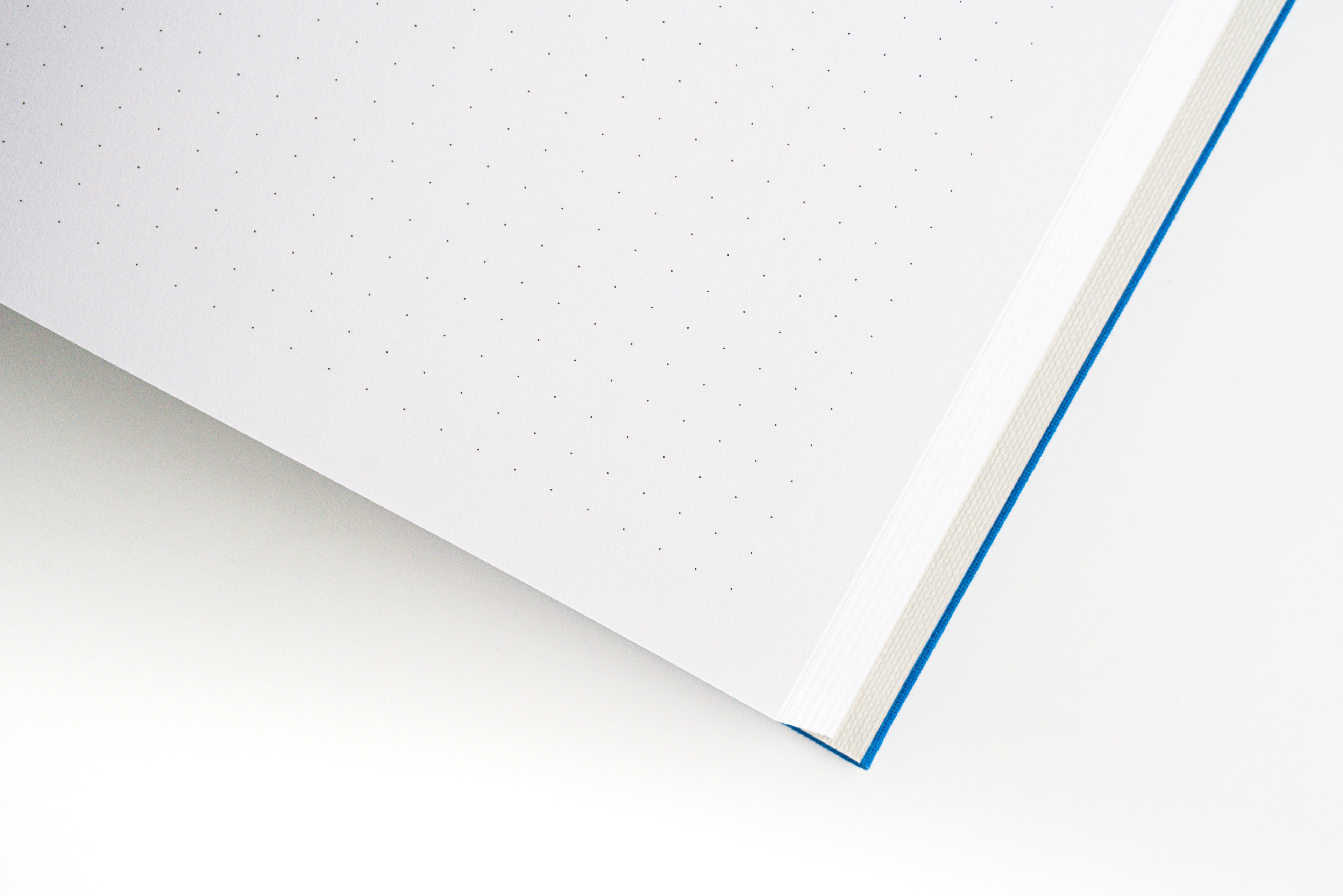 Nōto notebook lying open flat showing dot-grid pages and blue cover edge